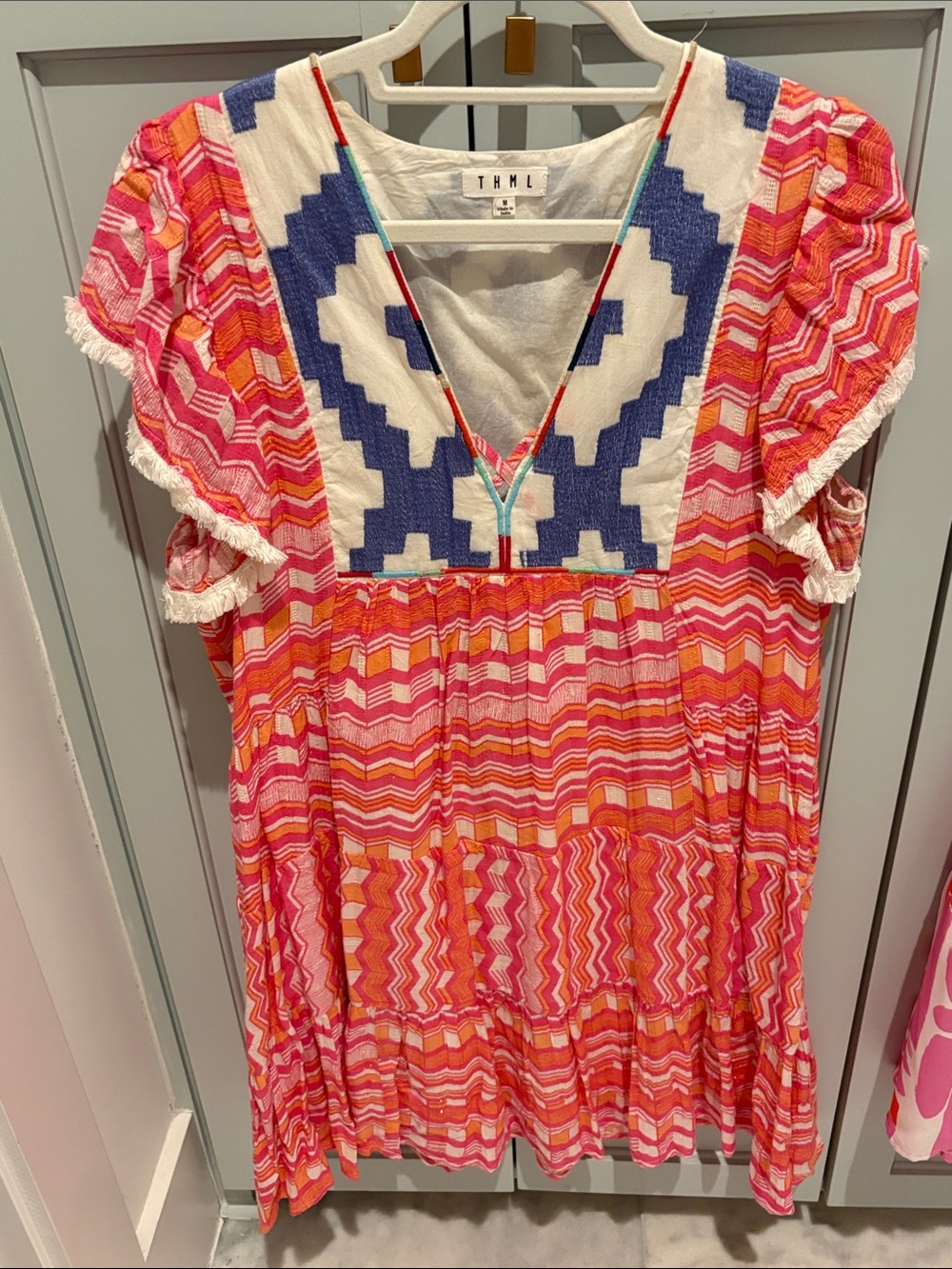 THML Girls' Pink, Orange & Navy Embroidered Chevron Dress